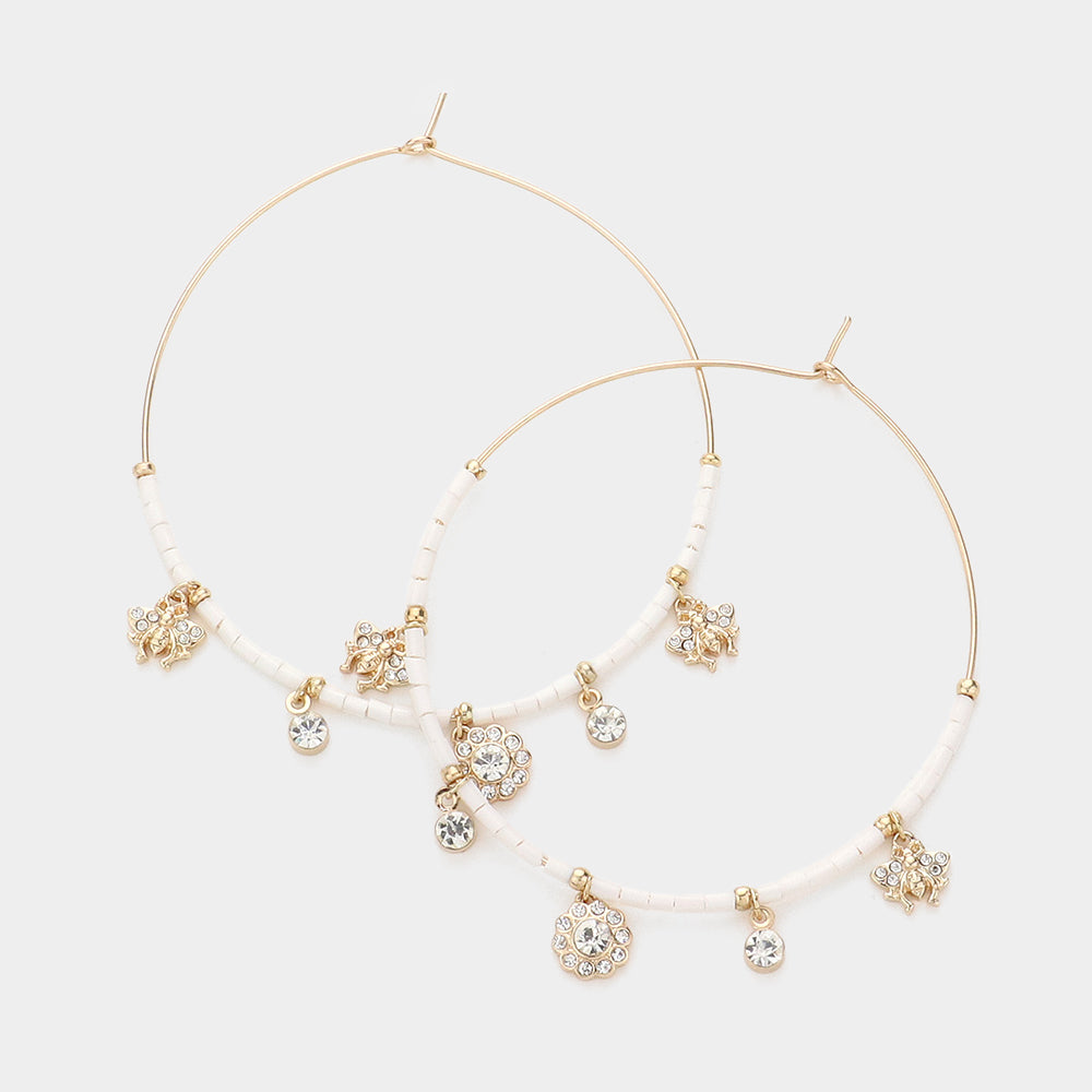Madeline Love White Rhinestone Embellished Metal Flower Honey Bee Beaded Open Circle Earrings