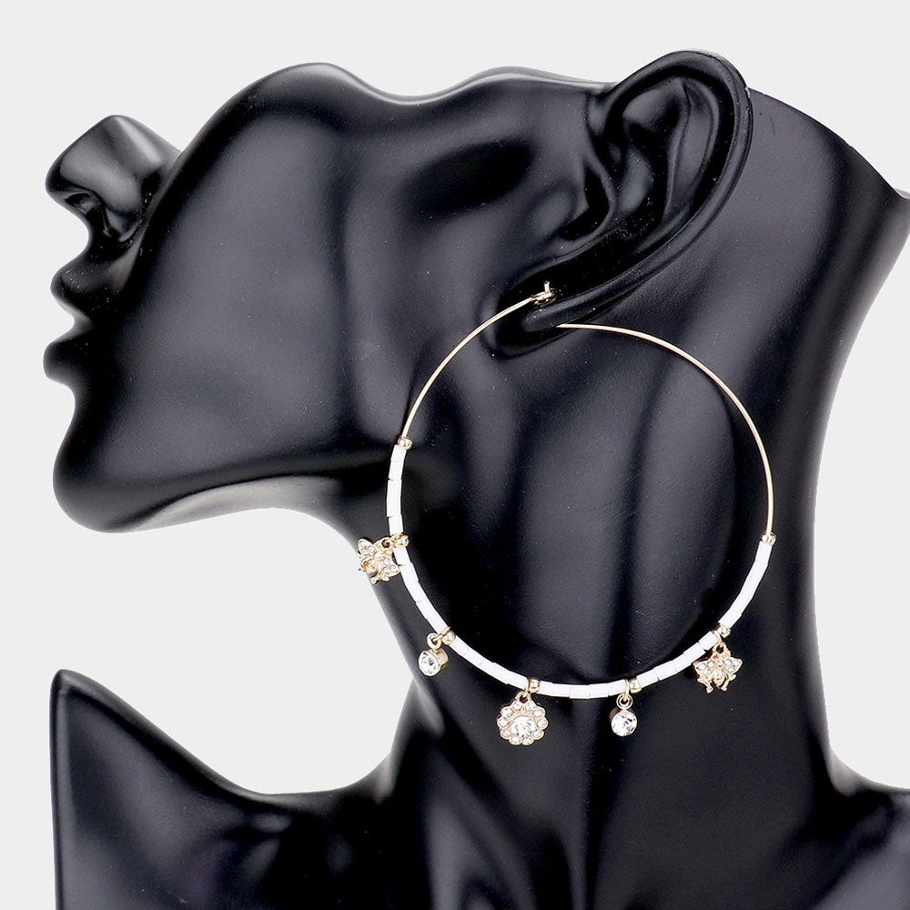 Madeline Love White Rhinestone Embellished Metal Flower Honey Bee Beaded Open Circle Earrings - desc