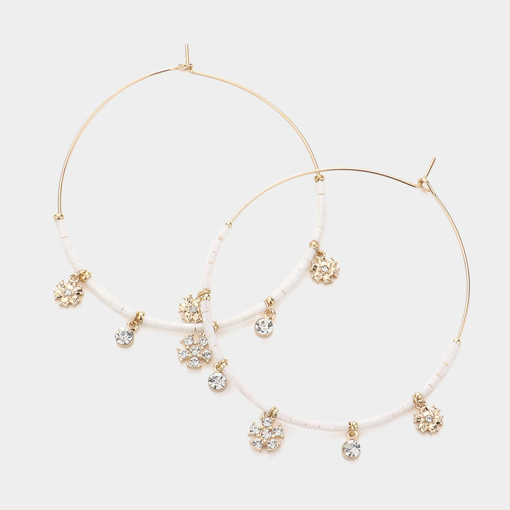 Madeline Love White Rhinestone Embellished Metal Flower Beaded Open Circle Earrings