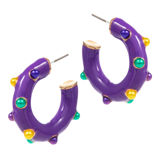 Purple Mardi Gras Pearl Embellished Hoop Earrings