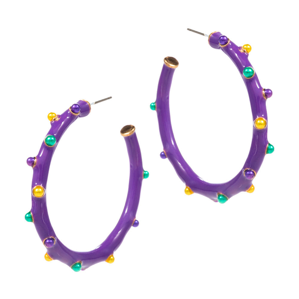 Purple Bold hoop statement earrings featuring raised spike accents and playful beaded details for a modern, edgy look. Designed to stand out at parties, festivals, themed events, and nights out, these hoops add eye-catching texture, confident style, and fashion-forward appeal to any outfit.