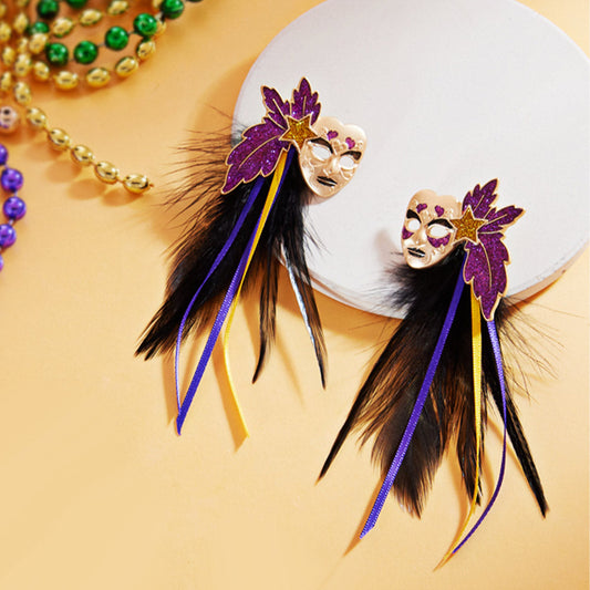 Jet Black Mardi Gras Masquerade Mask Feather Earrings