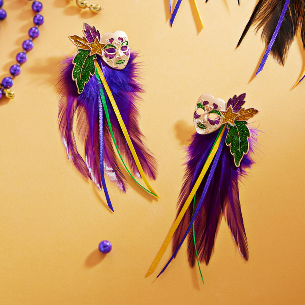 Purple Mardi Gras Masquerade Mask Feather Earrings