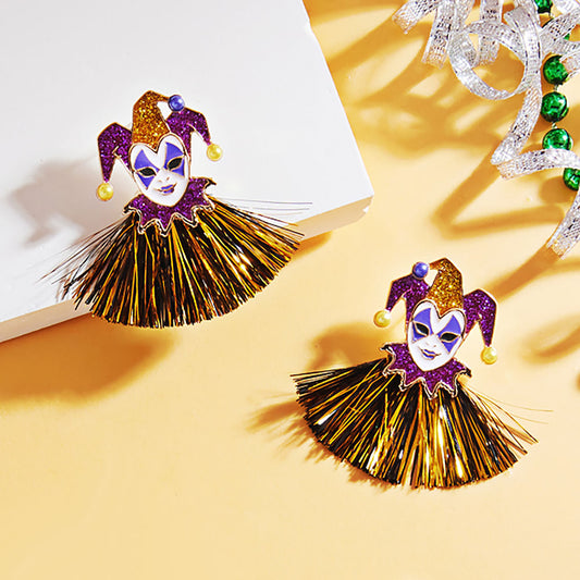 Multi, Purple Mardi Gras Glittered Jester Pierrot Tassel Fringe Earrings