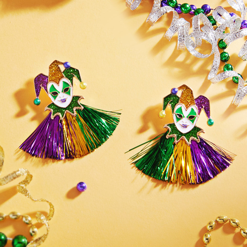 Multi Mardi Gras Glittered Jester Pierrot Tassel Fringe Earrings