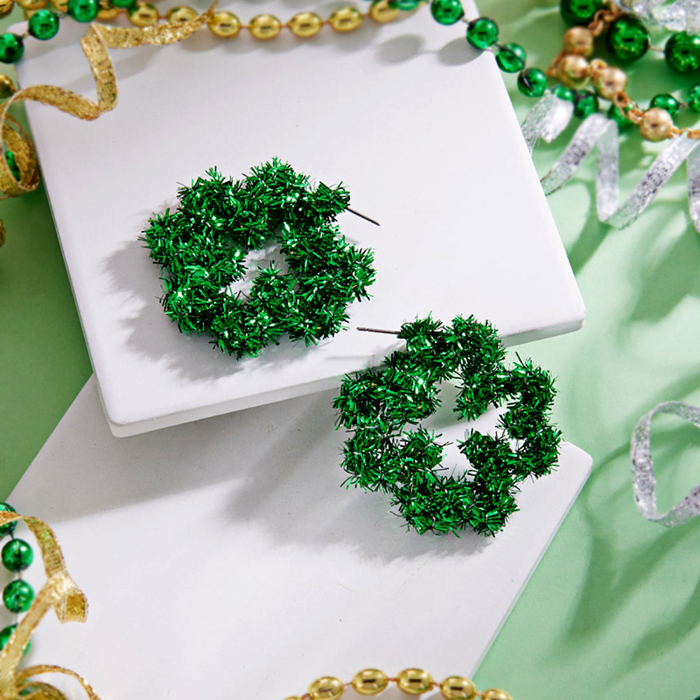 Madeline Love Green St Patricks Day Shamrock Clover Tinsel Wreath Hoop Earrings
