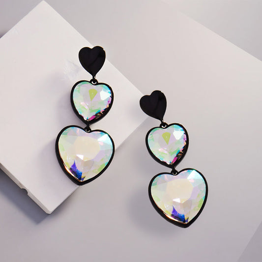 Crystal Stone Double Heart Link  Dropdown Earrings