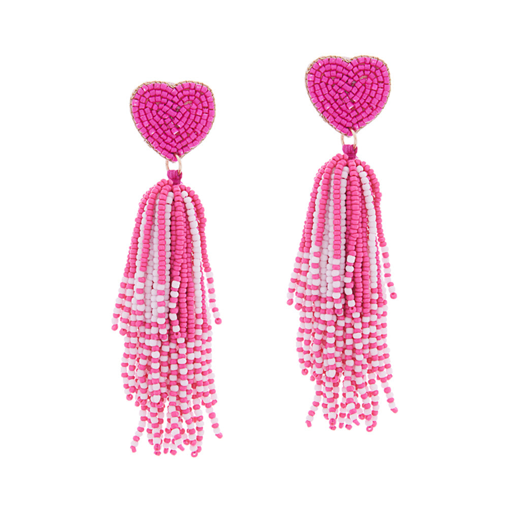 Heart Seed Beaded Tassel Dangle Earrings