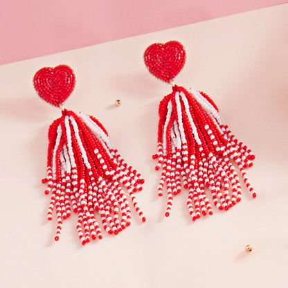 Heart Seed Beaded Tassel Dangle Earrings - Red - Earrings