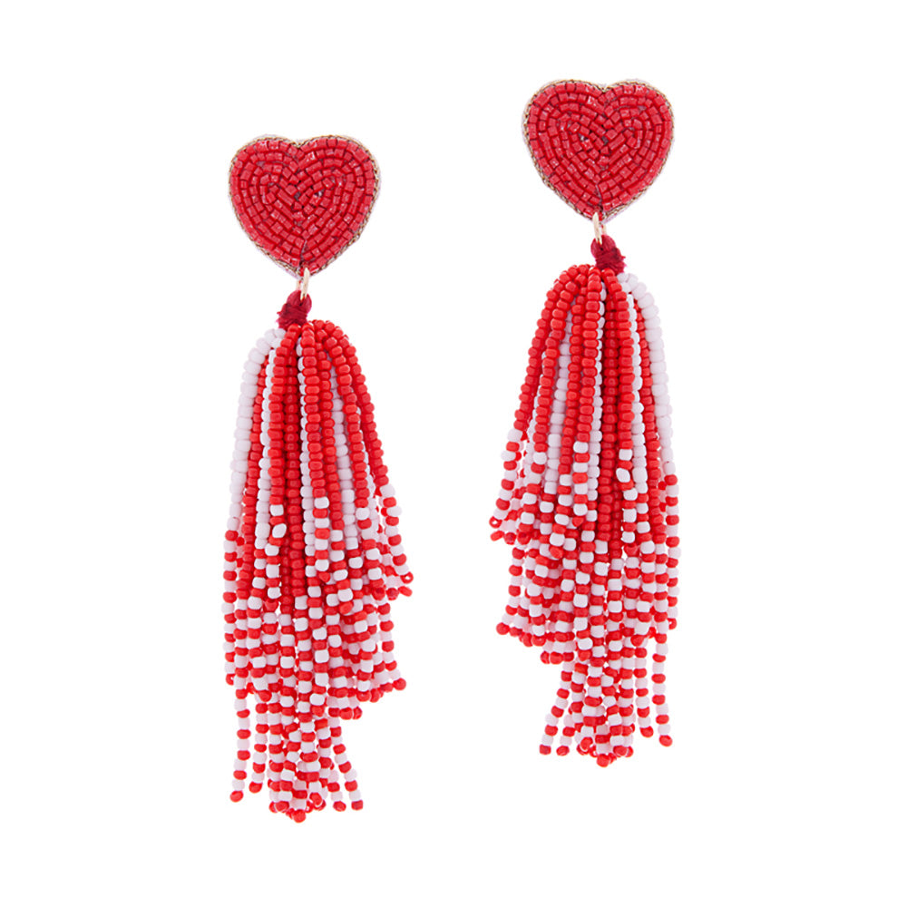 Heart Seed Beaded Tassel Dangle Earrings