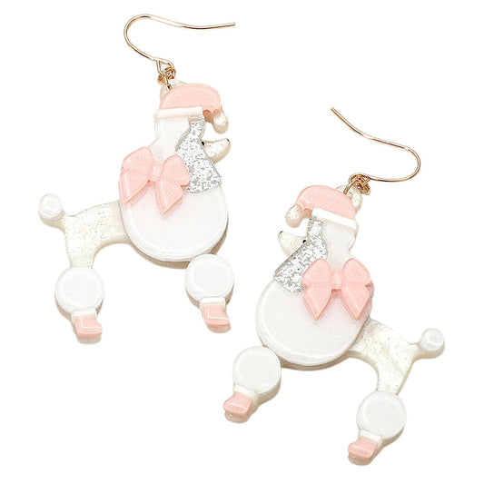 Pink Holiday Bow Santa Hat Poodle Dog Dangle Earrings