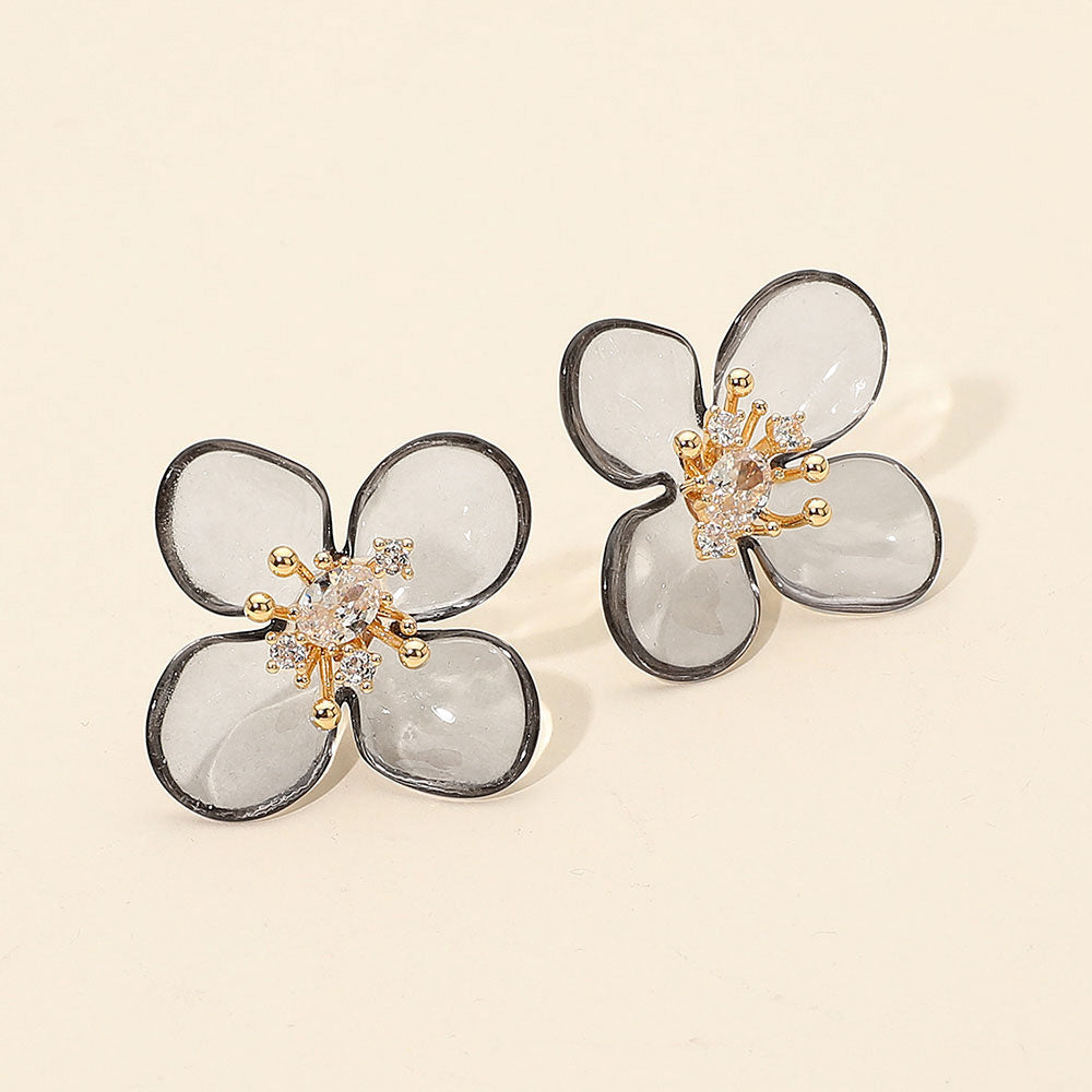 Madeline Love Black Diamond, Gold Rhinestone Accent Transparent Resin Petal Flower Earrings