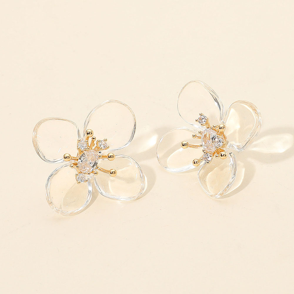 Madeline Love Clear, Gold Rhinestone Accent Transparent Resin Petal Flower Earrings