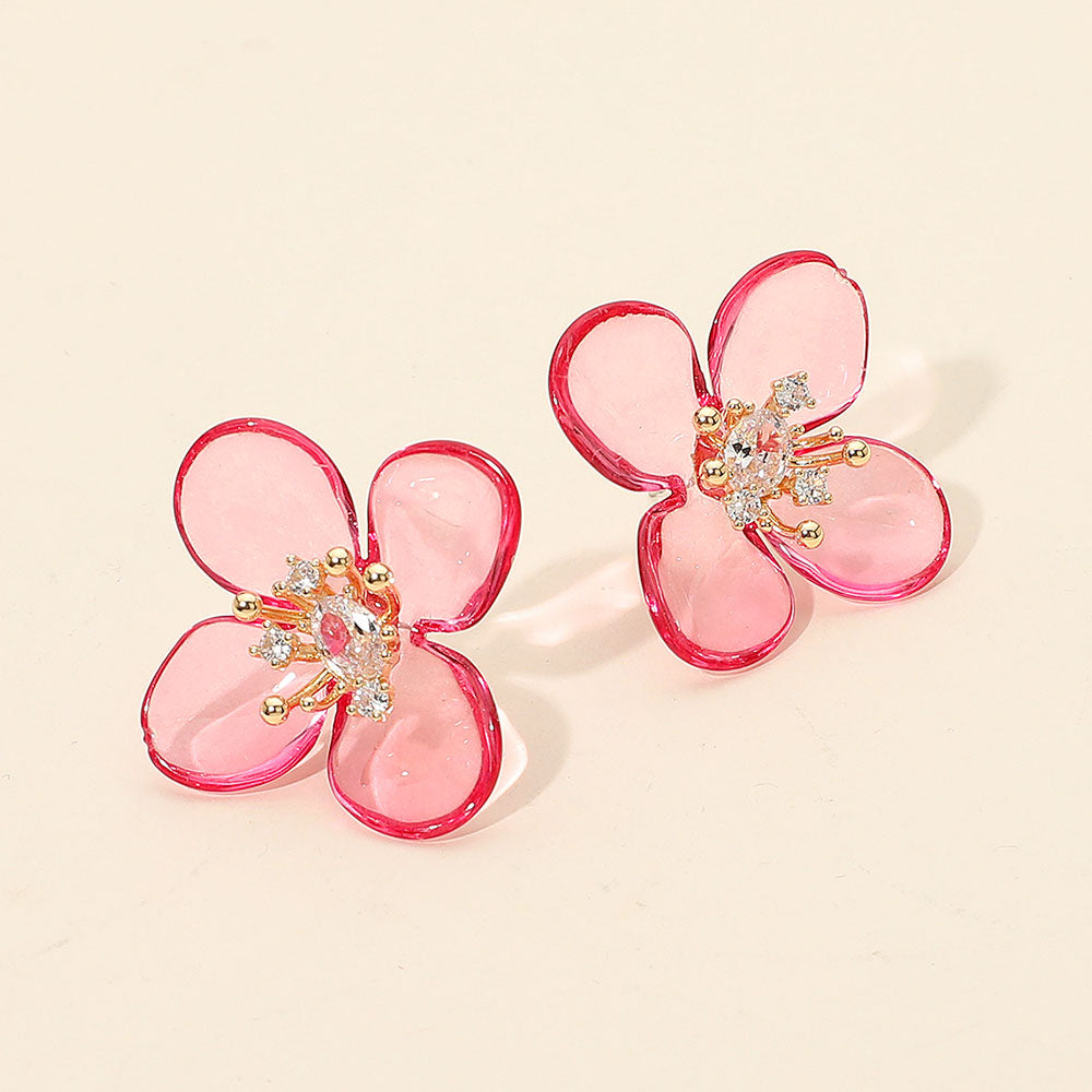 Madeline Love Gold, Hot Pink Rhinestone Accent Transparent Resin Petal Flower Earrings