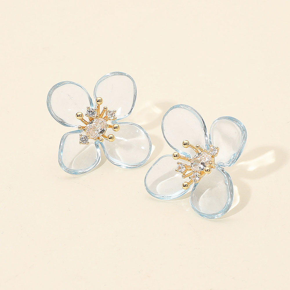 Madeline Love Gold, Light Blue Rhinestone Accent Transparent Resin Petal Flower Earrings