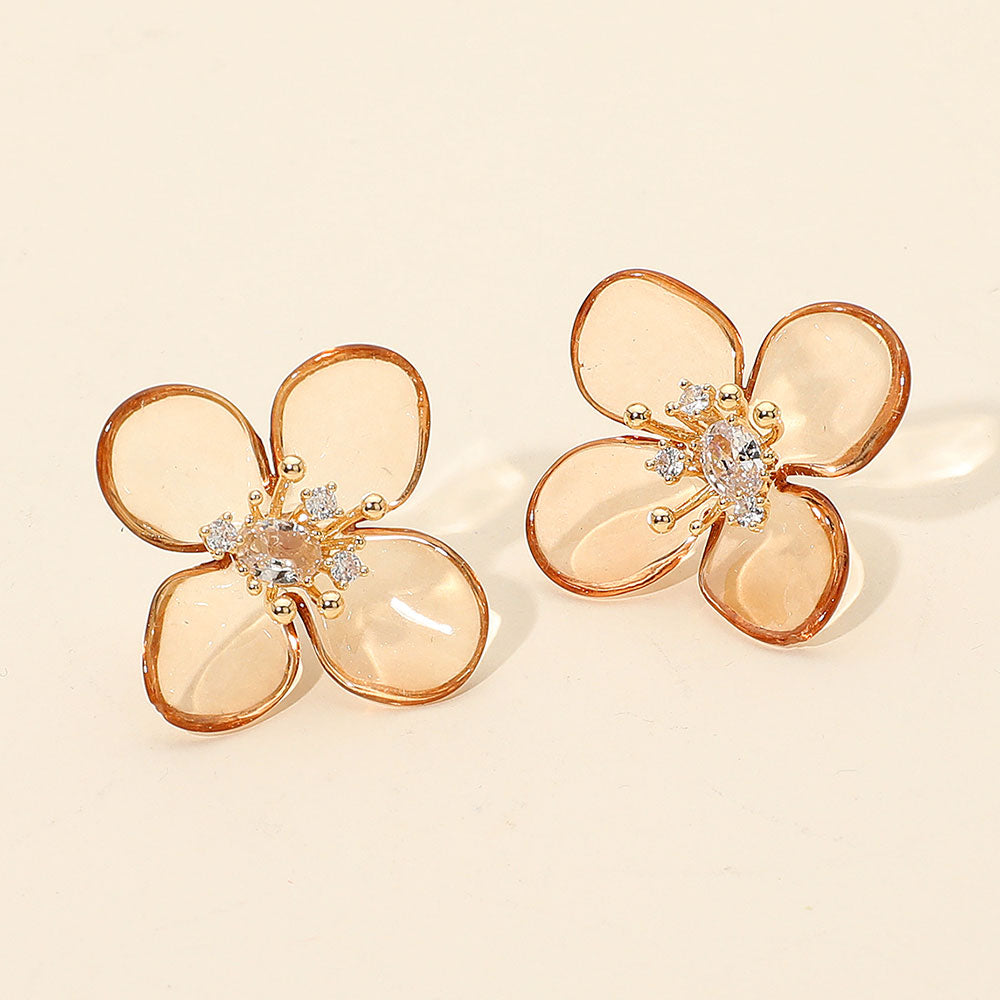 Madeline Love Gold, Peach Rhinestone Accent Transparent Resin Petal Flower Earrings