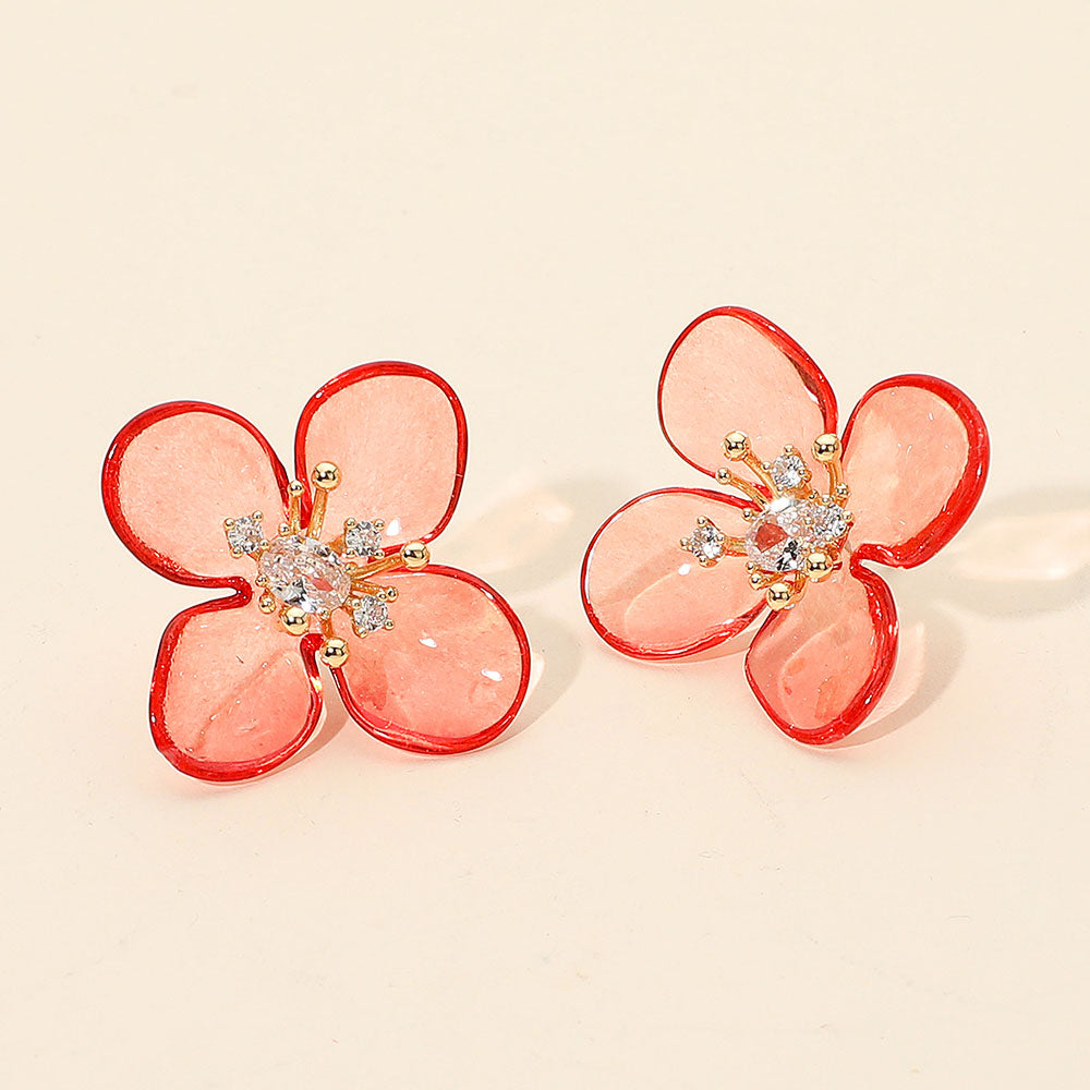 Madeline Love Gold, Red Rhinestone Accent Transparent Resin Petal Flower Earrings