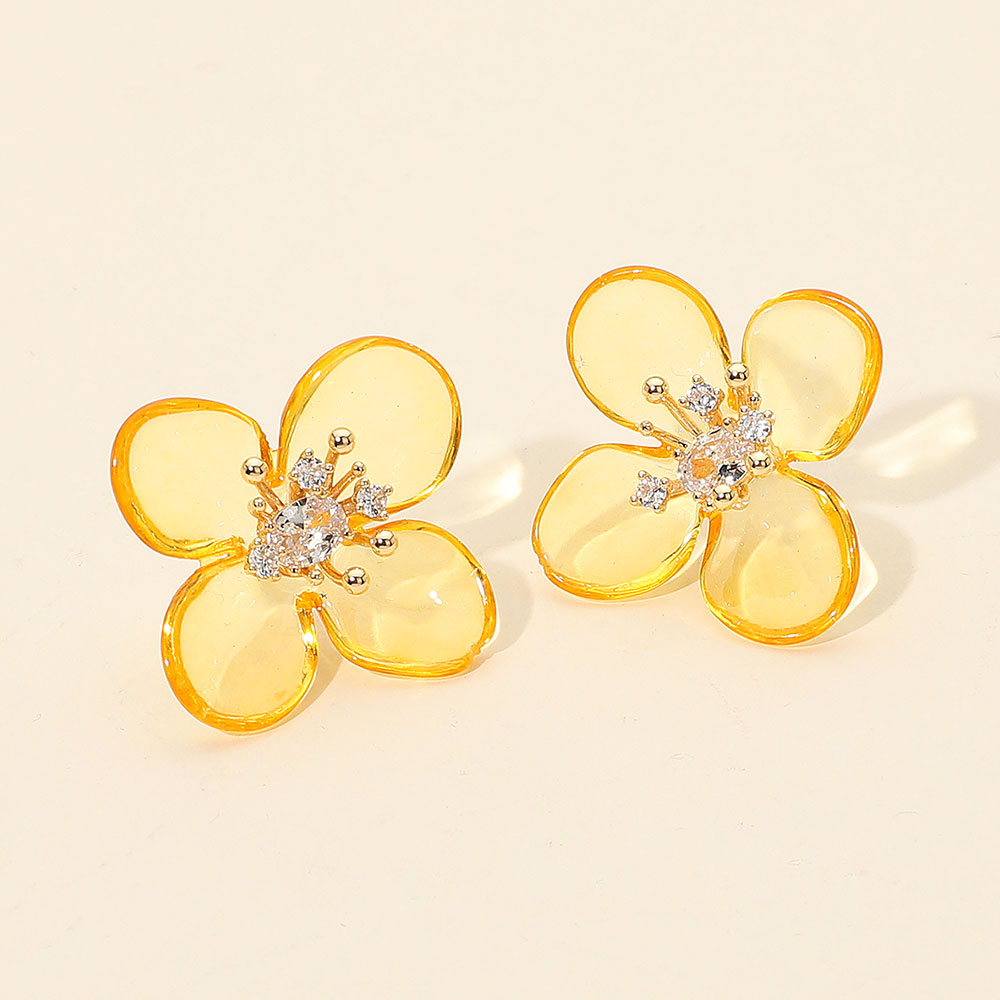 Madeline Love Gold, Yellow Rhinestone Accent Transparent Resin Petal Flower Earrings