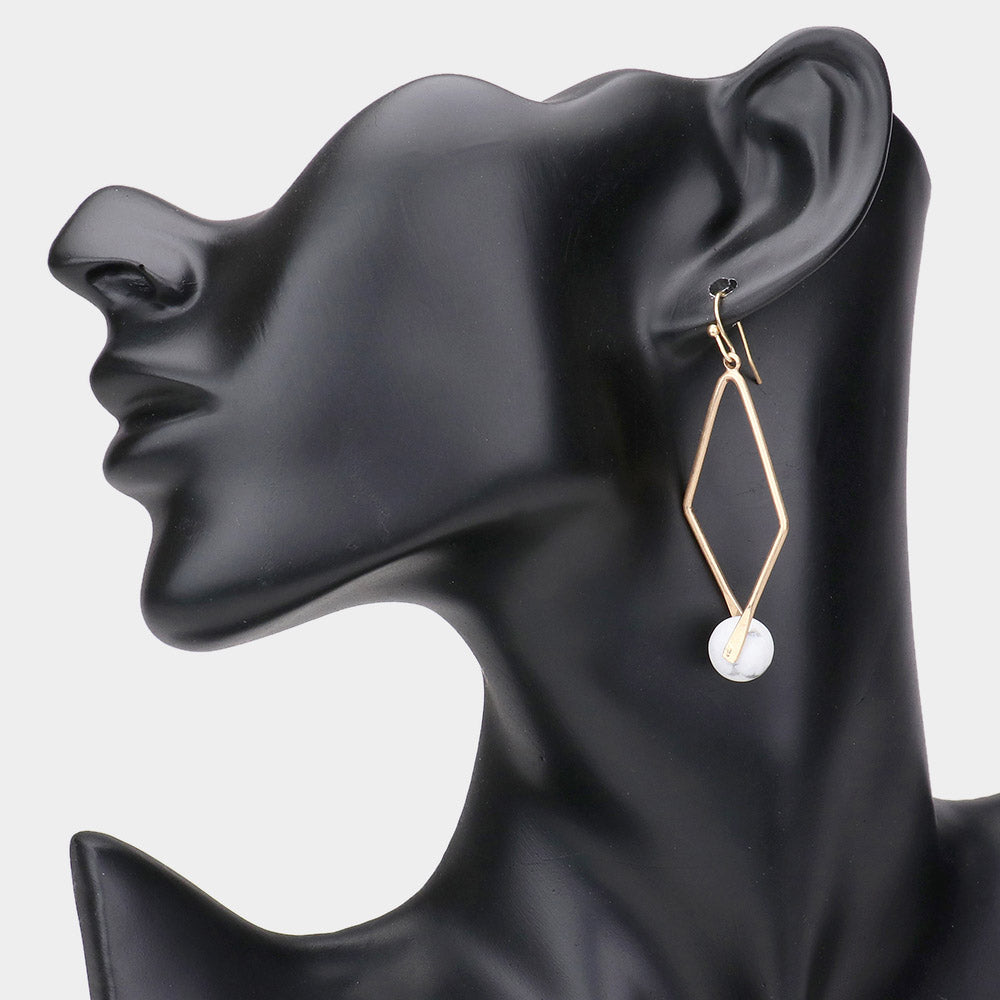 Madeline Love White, Worn Gold Semi Precious Stone Accented Open Metal Rhombus Dangle Earrings