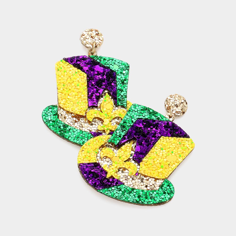 Multi Mardi Gras Fleur de Lis Pointed Glittered Hat Dangle Earrings