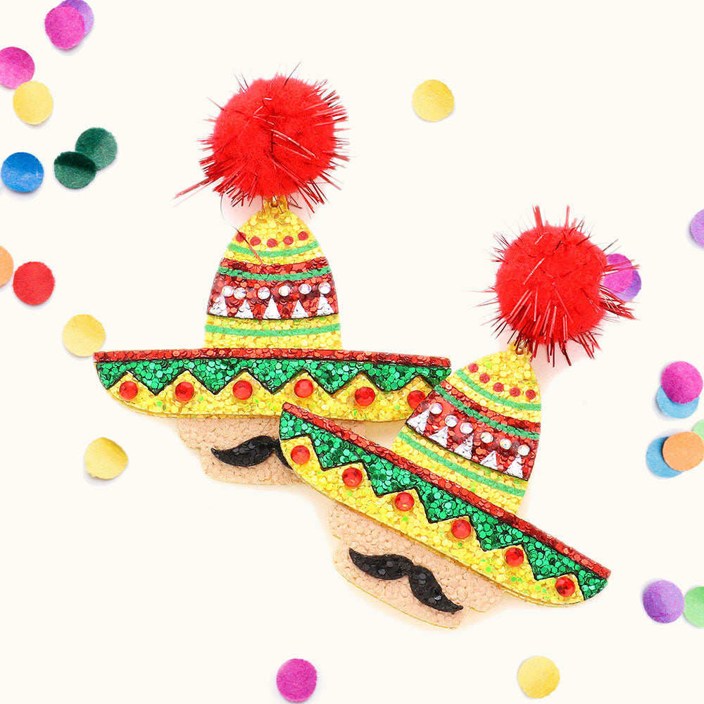 Madeline Love Red Pom Pom Glittered Hat Mustache Link Dangle Earrings