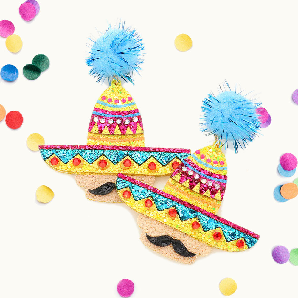 Madeline Love Light Blue Pom Pom Glittered Hat Mustache Link Dangle Earrings