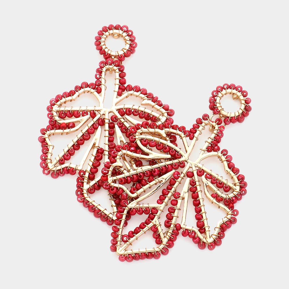 Madeline Love Burgundy, Gold Wire Wrapped seed bead Leaf Dangle Earrings