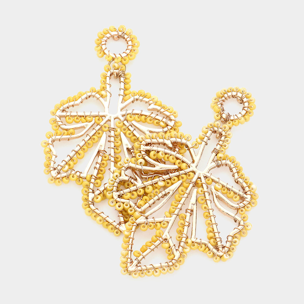 Madeline Love Gold, Mustard Wire Wrapped seed bead Leaf Dangle Earrings