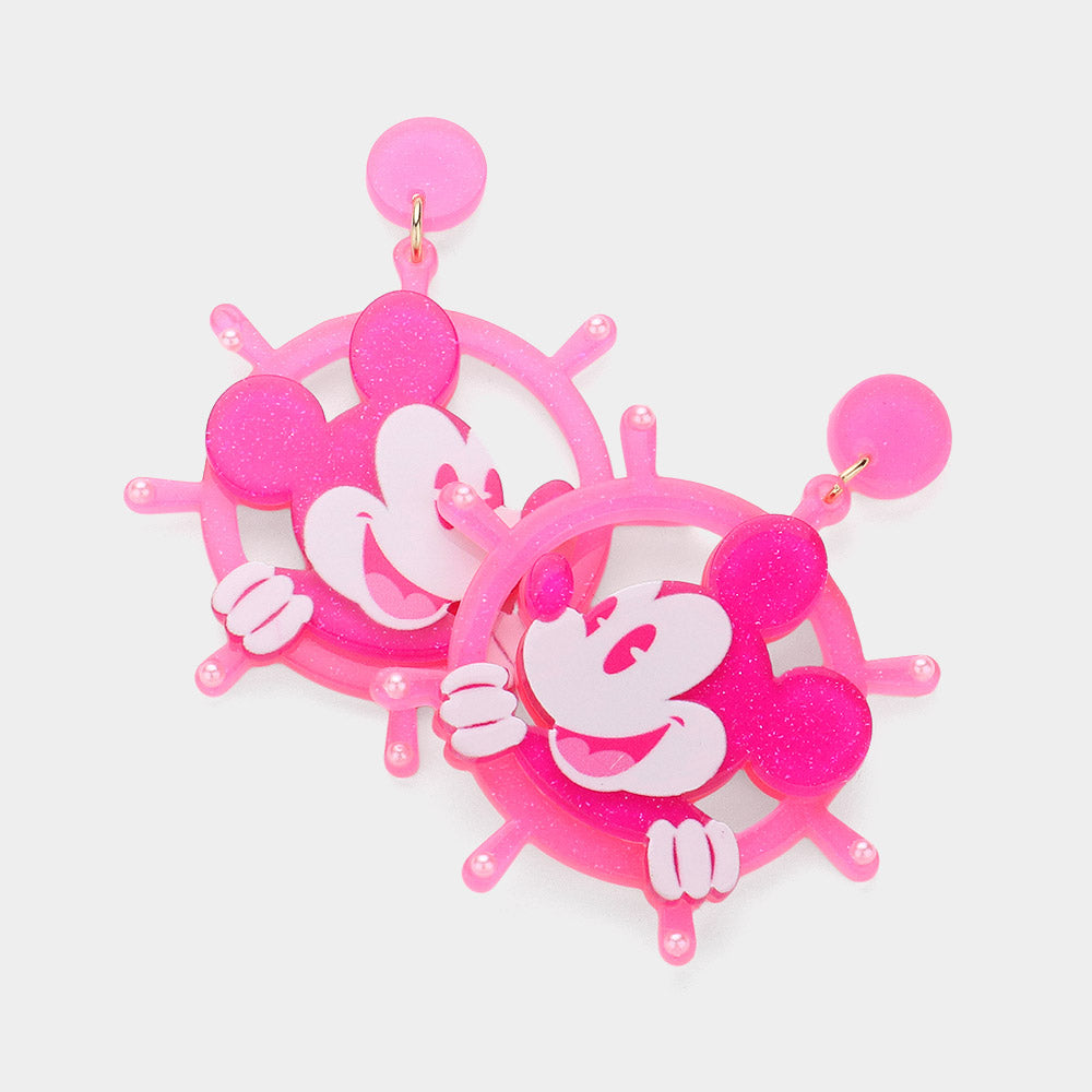 Fuchsia Resin Steamboat Willie Character Helm Dangle Earrings