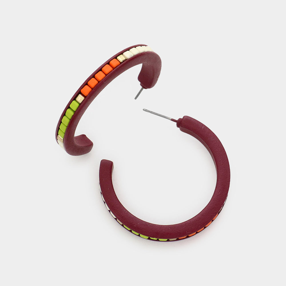 Madeline Love Burgundy, Worn Gold Square Bead Embellished Hoop Earrings