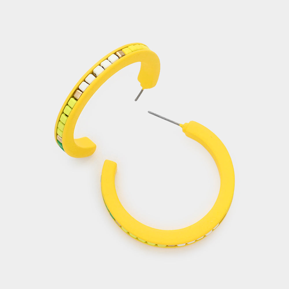 Madeline Love Worn Gold, Yellow Square Bead Embellished Hoop Earrings