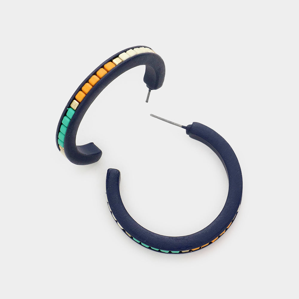 Madeline Love Navy, Worn Gold Square Bead Embellished Hoop Earrings