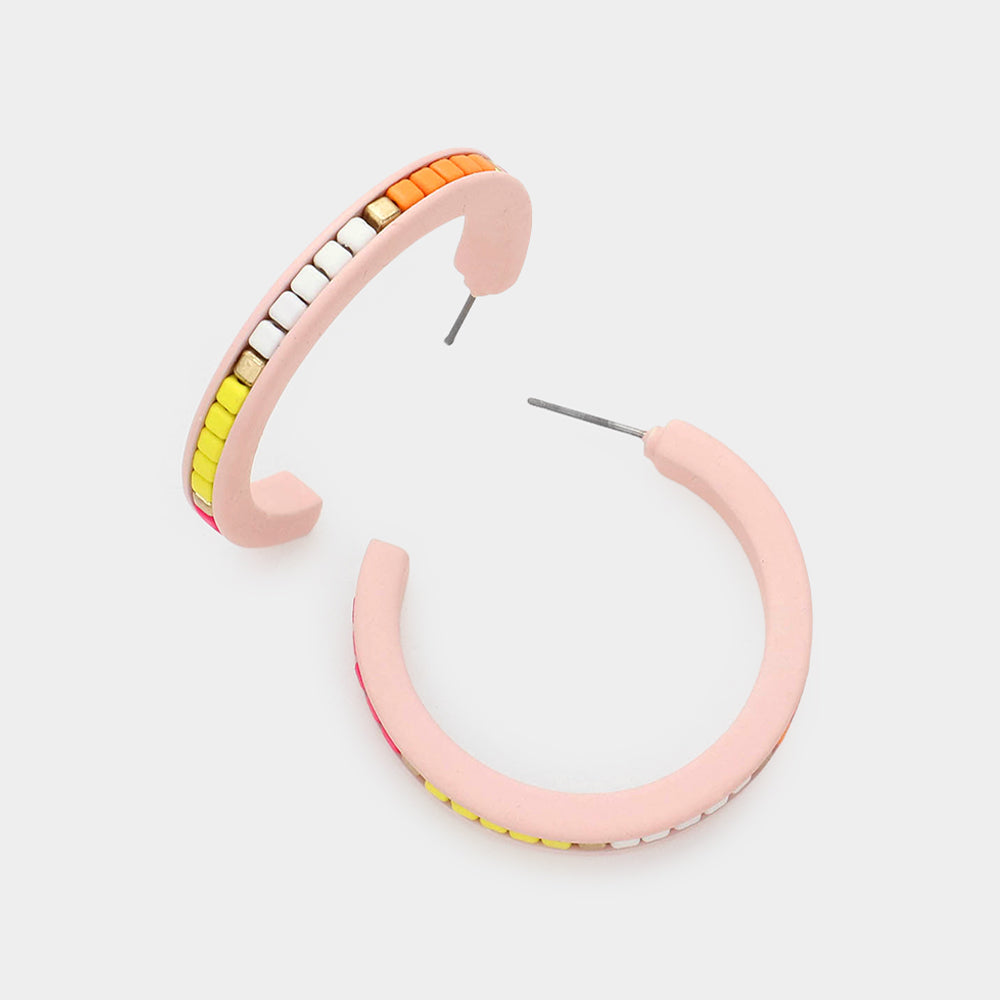 Madeline Love Pink, Worn Gold Square Bead Embellished Hoop Earrings