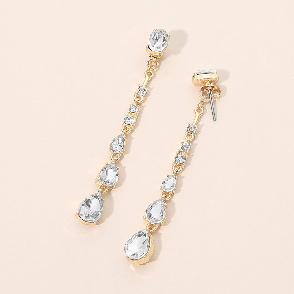 Madeline Love Clear, Gold Teardrop Stone Cluster Linear Drop Earrings