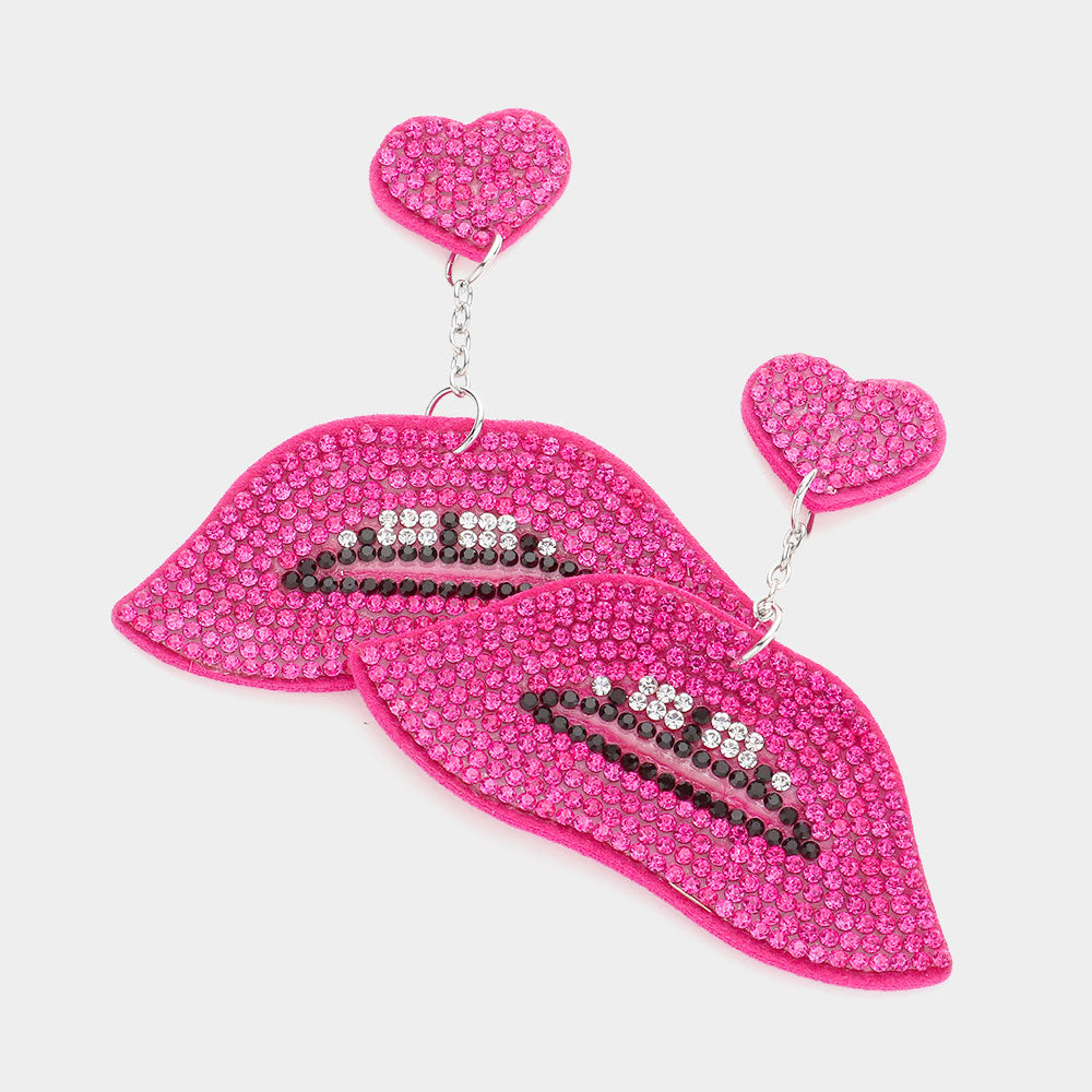 Madeline Love Fuchsia Felt Back Bling Heart Lips Link Dangle Earrings