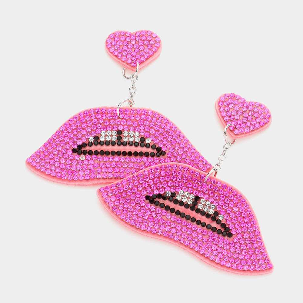 Madeline Love Pink Felt Back Bling Heart Lips Link Dangle Earrings