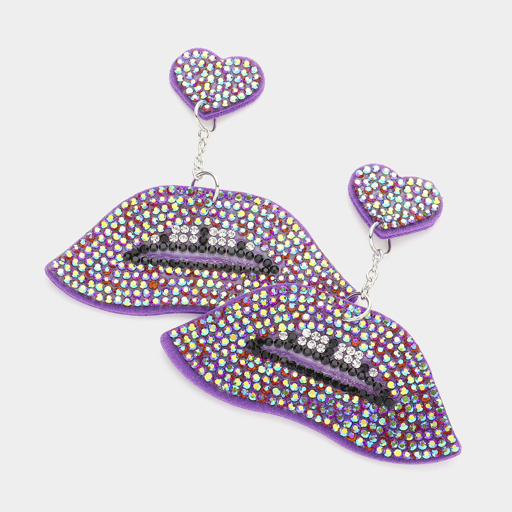 Madeline Love Purple Felt Back Bling Heart Lips Link Dangle Earrings