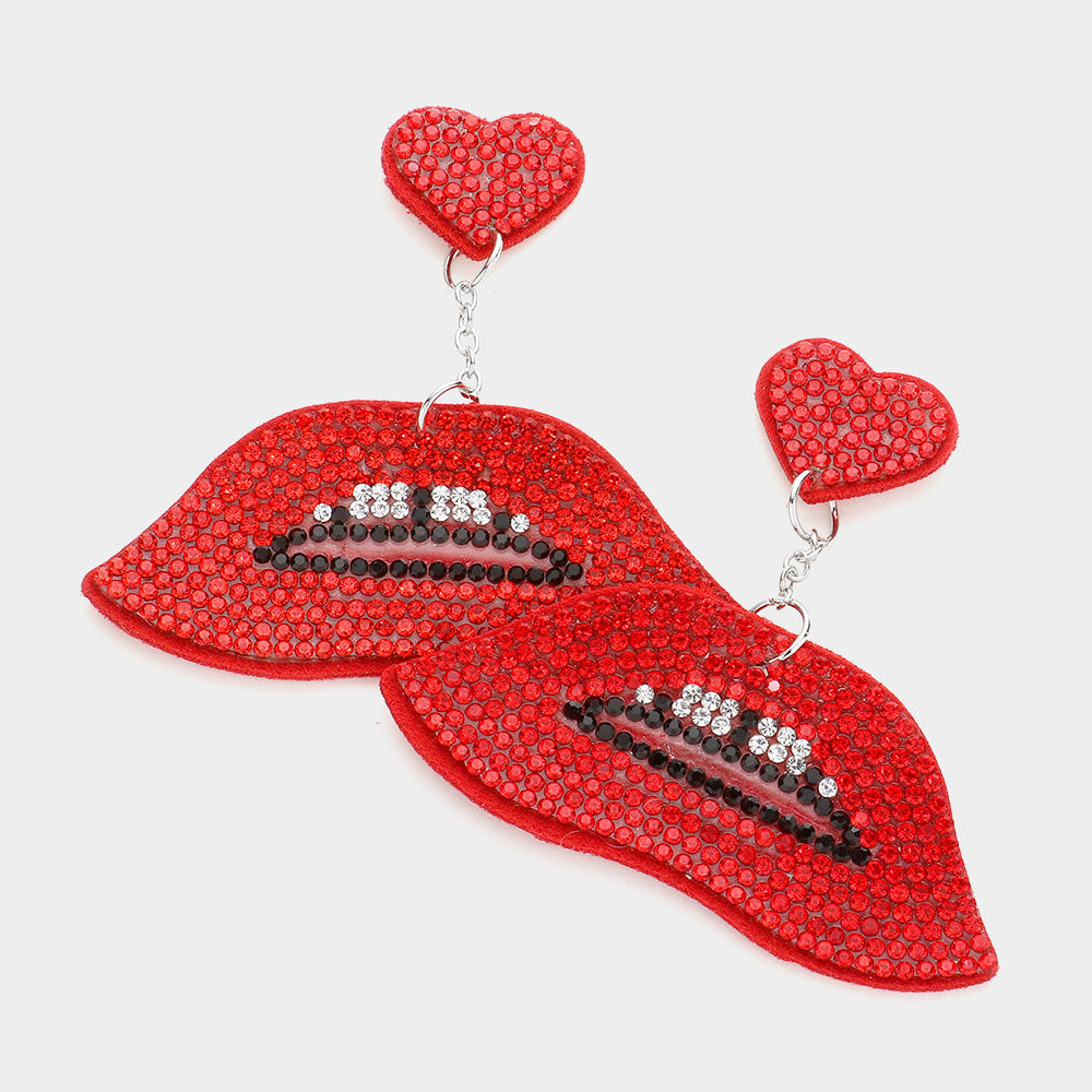 Madeline Love Red Felt Back Bling Heart Lips Link Dangle Earrings