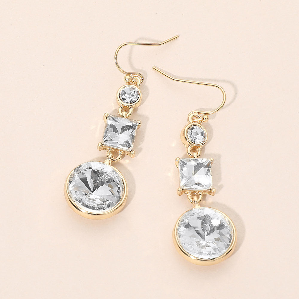 Madeline Love Clear, Gold Square Round Geometric Stone Link Drop Earrings