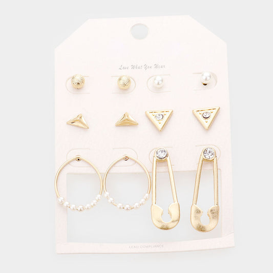 Madeline Love Worn Gold 6Pairs - Rhinestone Embellished Geometric Stud Safety Pin Earrings
