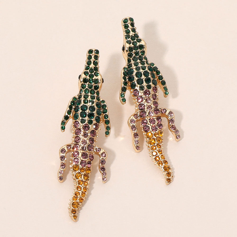 Madeline Love Green, Multi Stone Paved Crocodile/Alligator Earrings