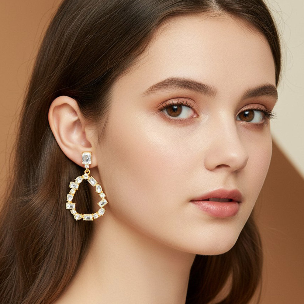 Madeline Love Clear, Gold Mixed Shape Stone Cluster Open Teardrop Hoop Drop Dangle Earrings