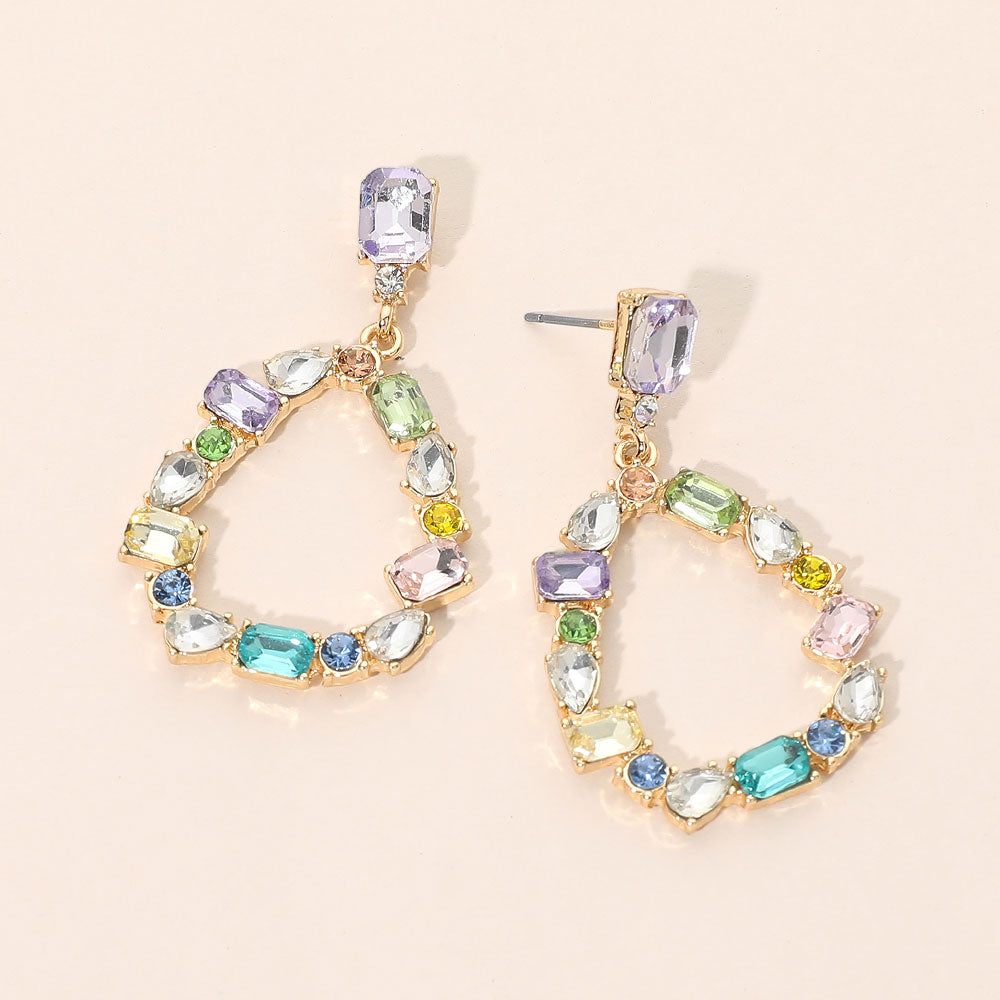 Madeline Love Light, Multi Mixed Shape Stone Cluster Open Teardrop Hoop Drop Dangle Earrings