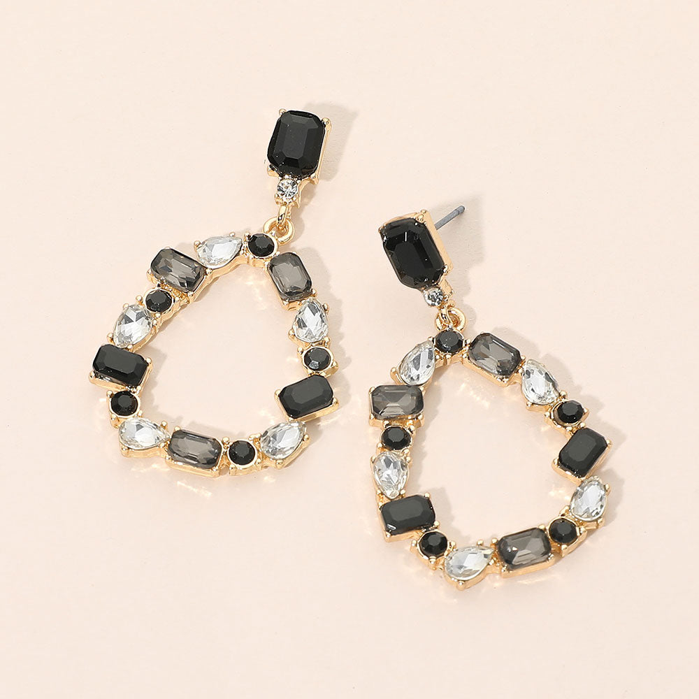 Madeline Love Black, Multi Mixed Shape Stone Cluster Open Teardrop Hoop Drop Dangle Earrings