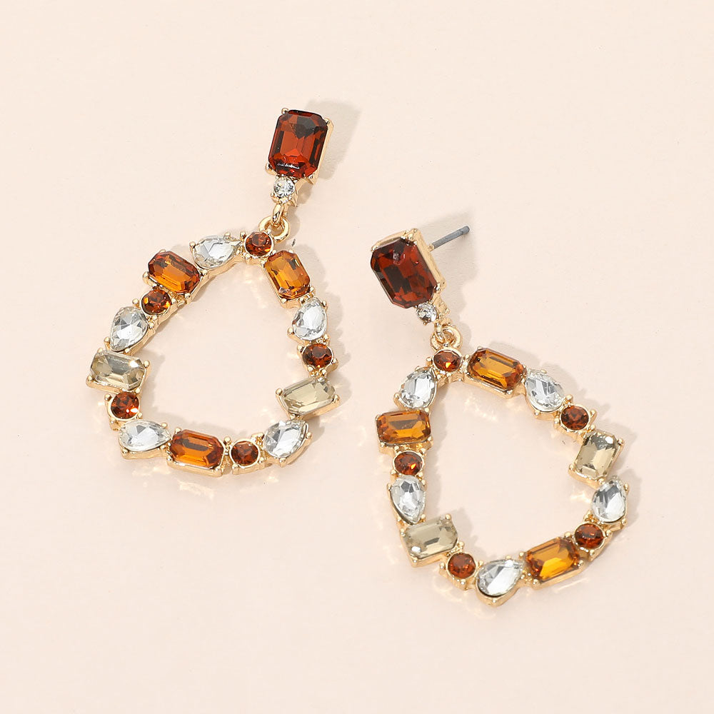 Madeline Love Brown, Multi Mixed Shape Stone Cluster Open Teardrop Hoop Drop Dangle Earrings