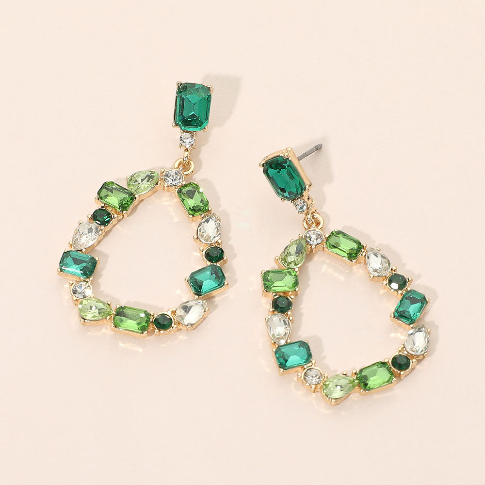 Madeline Love Green, Multi Mixed Shape Stone Cluster Open Teardrop Hoop Drop Dangle Earrings