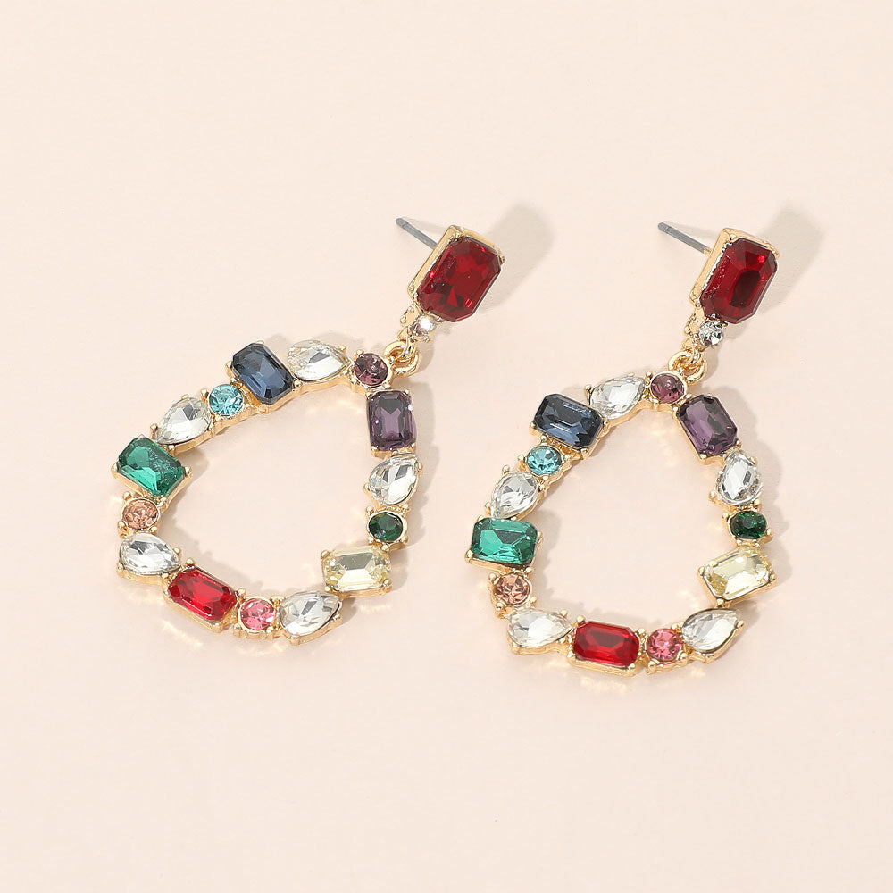 Madeline Love Multi Mixed Shape Stone Cluster Open Teardrop Hoop Drop Dangle Earrings