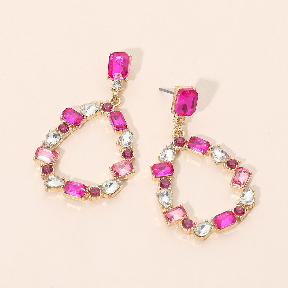 Madeline Love Multi, Pink Mixed Shape Stone Cluster Open Teardrop Hoop Drop Dangle Earrings