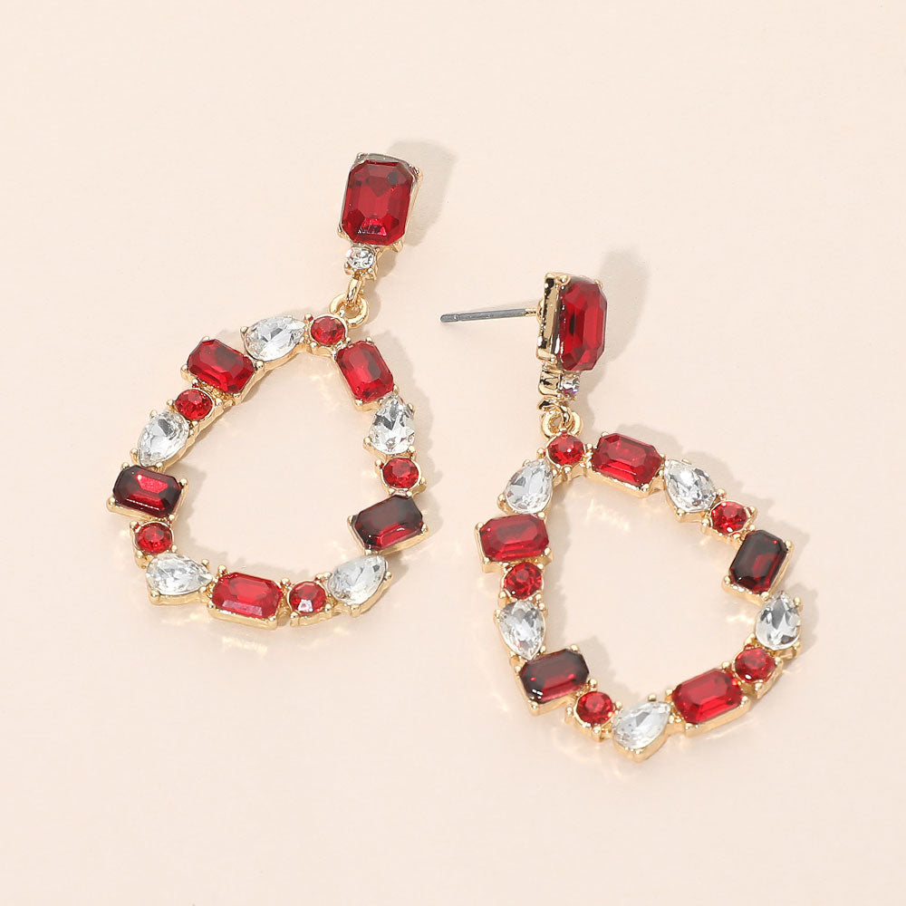 Madeline Love Multi, Red Mixed Shape Stone Cluster Open Teardrop Hoop Drop Dangle Earrings