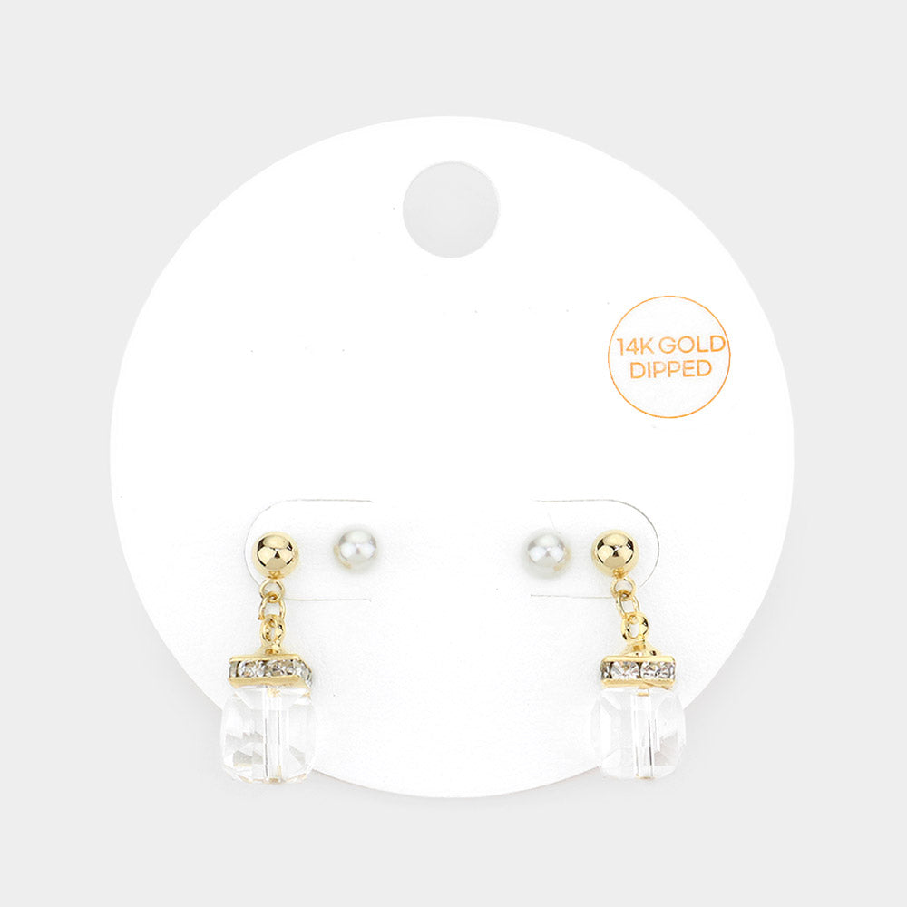 Madeline Love Clear 2Pairs - 14K Gold Dipped Pearl Stud Square Dangle Earrings